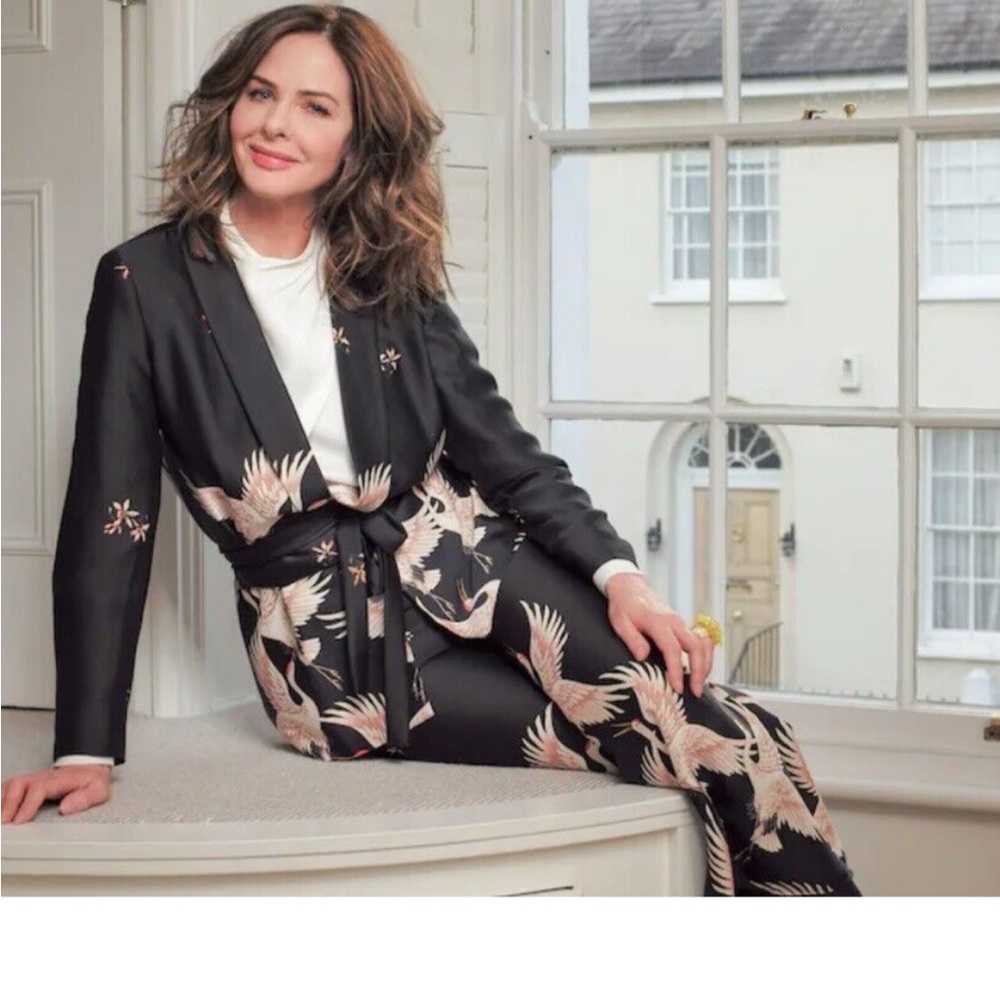 ZARA Black Printed Floral Birds Jacket Blazer With Sash Belt Trinny MEDIUM M